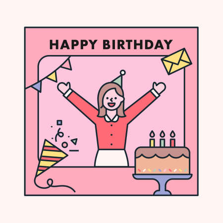 A woman having a birthday party in a frame decorated with cute icons. flat design style minimal vector illustration.のイラスト素材