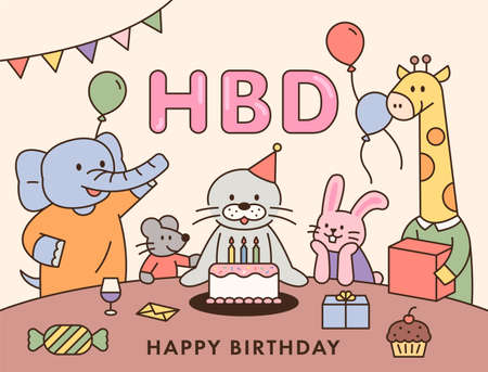 Animal friends gather to celebrate the otter's birthday. flat design style minimal vector illustration.のイラスト素材
