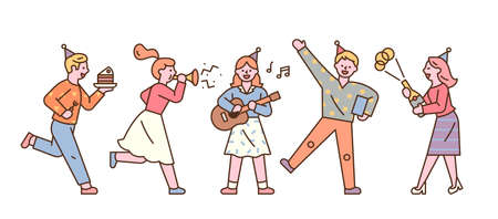 Friends celebrating their birthday. flat design style minimal vector illustration.のイラスト素材