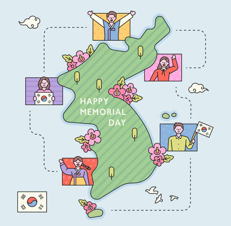 Map of Korea and people who are doing independence movements in various regions. flat design style minimal vector illustration.のイラスト素材