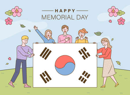 People are holding a large Taegeukgi together. flat design style minimal vector illustration.のイラスト素材