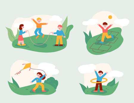 The children are playing with their friends in the park. A play of childhood memories. flat design style minimal vector illustration.のイラスト素材