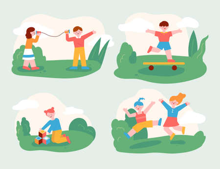 The children are playing with their friends in the park. Children who play with friends and children who play well alone. flat design style minimal vector illustration.のイラスト素材
