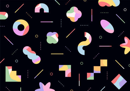 Figures with colorful patterns are freely arranged on a black background.のイラスト素材
