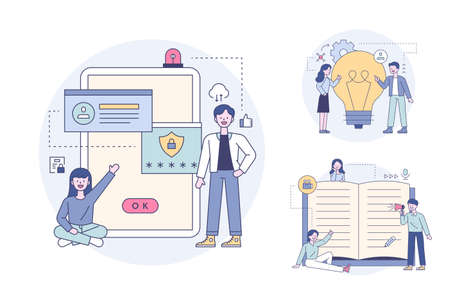 Mobile security and sharing ideas, people taking notes and reviewing. Outline flat design style minimal vector illustration set.のイラスト素材