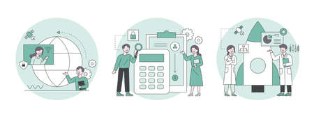 People analyzing data with calculators, meeting online in front of a globe, scientists doing rocket research. Outline flat design style minimal vector illustration set.のイラスト素材