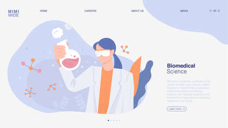 A researcher is holding a flask and conducting an experiment. Online web page concept template. flat design style minimal vector illustration.のイラスト素材