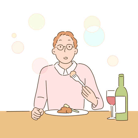 A man has a delicious expression while eating food in a restaurant. hand drawn style vector design illustrations.のイラスト素材