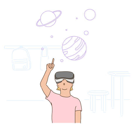 A girl is wearing VR glasses and pointing her finger at a digital image. hand drawn style vector design illustrations.のイラスト素材