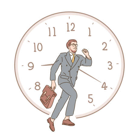 A businessman is running and there is a watch behind him. hand drawn style vector design illustrations.のイラスト素材