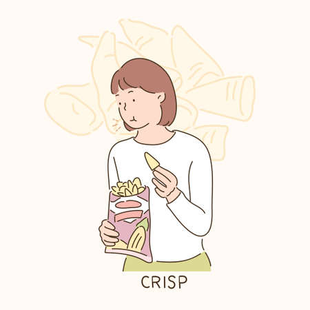 A girl is holding a snack bag and eating. hand drawn style vector design illustrations.のイラスト素材