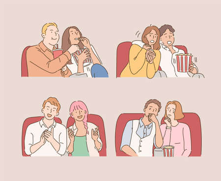 Several couples are watching a movie in the cinema and making various expressions. hand drawn style...