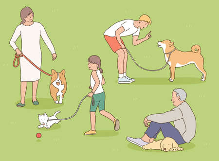 People are taking a walk in the park with their dogs. hand drawn style vector design illustrations.のイラスト素材