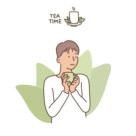 A man holds a teacup and has a relaxed expression. hand drawn style vector design illustrations.のイラスト素材