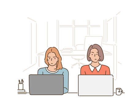 Two women are sitting side by side in a cafe, looking at each other uncomfortably, using a laptop. hand drawn style vector design illustrations.のイラスト素材