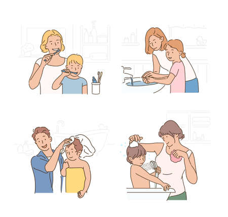 Parents are helping their children brush their teeth, wash their hands and take a shower.のイラスト素材