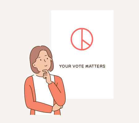 A girl is struggling while looking at the voting paper. hand drawn style vector design illustrations.のイラスト素材