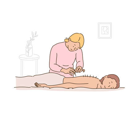 A patient is receiving acupuncture treatment at an oriental clinic. hand drawn style vector design illustrations.のイラスト素材