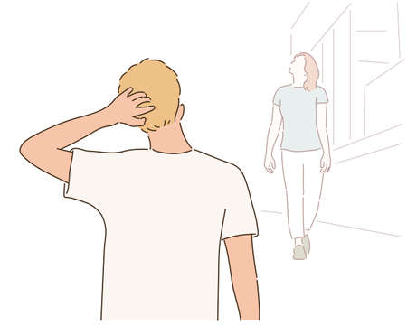 A man is scratching the back of the head when he meets an acquaintance on the street. hand drawn style vector design illustrations.のイラスト素材