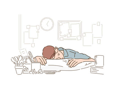 A man in glasses is sleeping on the desk.hand drawn style vector design illustrations.のイラスト素材