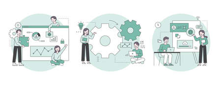 Web pages and factory gears, presentation materials and people. Outline flat design style minimal vector illustration set.のイラスト素材