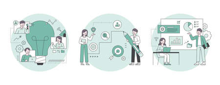 People who think of ideas, people who draw graphs with pencils, people who present materials while looking at the screen. Outline flat design style minimal vector illustration set.のイラスト素材
