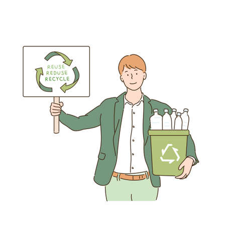 A man is standing with a recycling bin in one hand and a recycling sign in the other. hand drawn style vector design illustrations.のイラスト素材