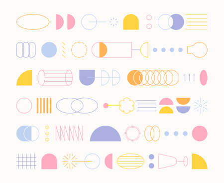 Abstract symbol pattern listed as a design with disassembled shapes. A bright and cute design with pastel colored line and plane shapes.のイラスト素材