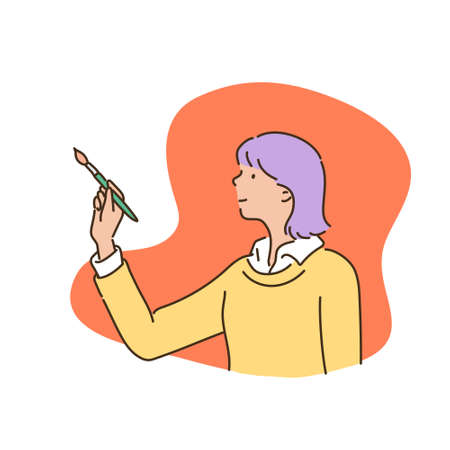 A girl is painting with a brush. hand drawn style vector design illustrations.