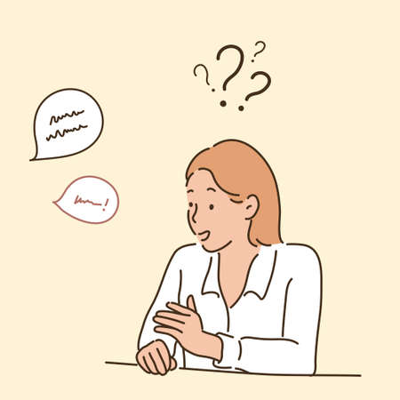 A business woman does not understand what other people are saying and is confused. hand drawn style vector design illustrations.のイラスト素材