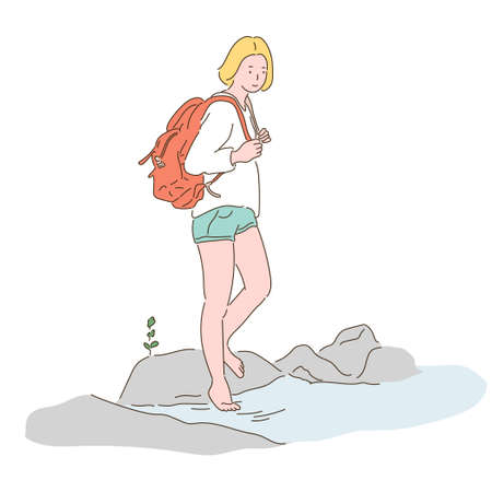 A woman with a bag is soaking her feet in the stream. hand drawn style vector design illustrations.のイラスト素材