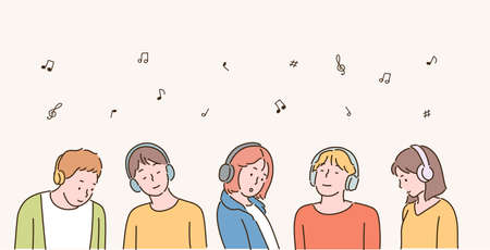 People are wearing headsets and listening to music. hand drawn style vector design illustrations.