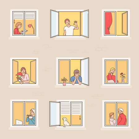 Neighbors seen through the window. hand drawn style vector design illustrations.のイラスト素材