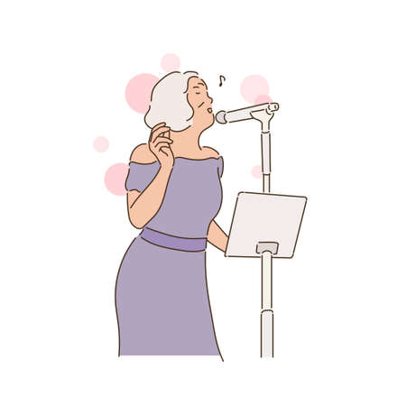 An elderly woman is singing in a fancy dress. hand drawn style vector design illustrations.のイラスト素材