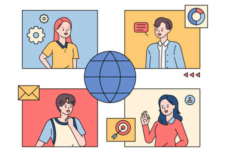 Friends are chatting online. outline simple vector illustration.