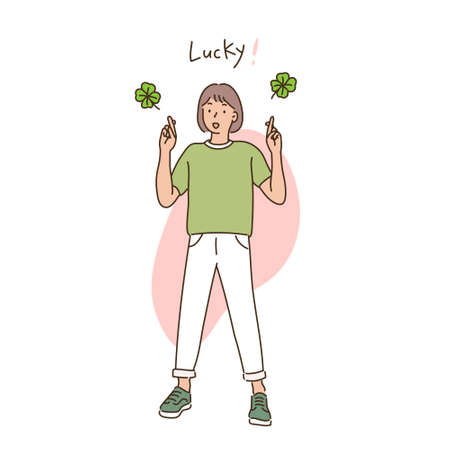 A woman crosses her fingers and prays for good luck. hand drawn style vector design illustrations.のイラスト素材