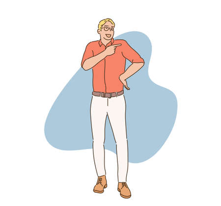 A business man is pointing a finger and laughing. hand drawn style vector design illustrations.のイラスト素材