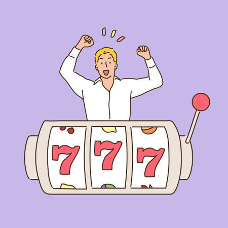 A man rejoices in front of a jackpot machine with a 777. hand drawn style vector design illustrations.のイラスト素材