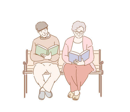 An elderly couple is sitting on a bench and reading a book.のイラスト素材