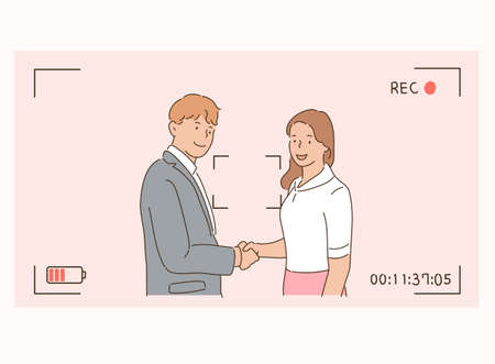 A businessman and a business woman are shaking hands in a photo frame.のイラスト素材