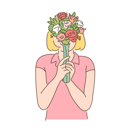 A woman is holding a flower in her hand and covering her face.のイラスト素材