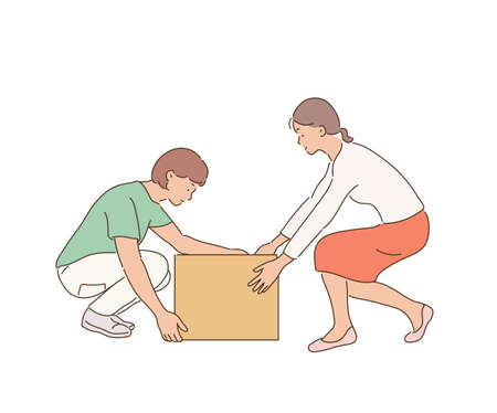 Two women are trying to lift a box together.のイラスト素材