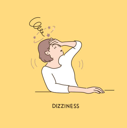 A woman is holding her head in her hands and expressing her dizziness.のイラスト素材