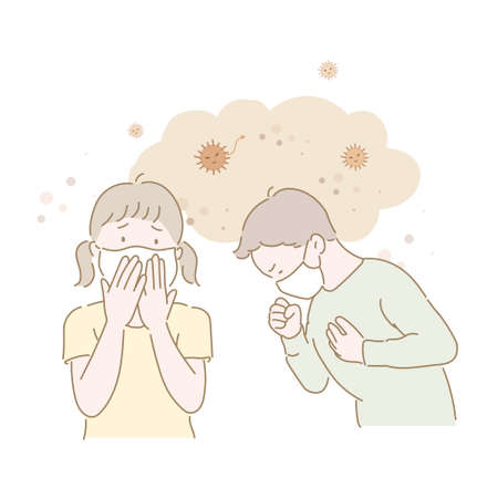 Young children are wearing masks and coughing. hand drawn style vector design illustrations.のイラスト素材