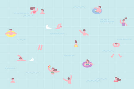 People swimming in the pool. Simple and small characters of pattern composition. flat design style...