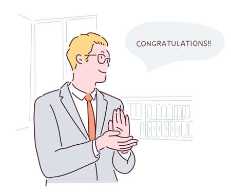 A man in a suit is clapping and celebrating. hand drawn style vector design illustrations.のイラスト素材