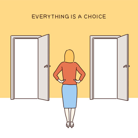 A woman contemplating which door to choose between two open doors. hand drawn style vector design illustrations.のイラスト素材
