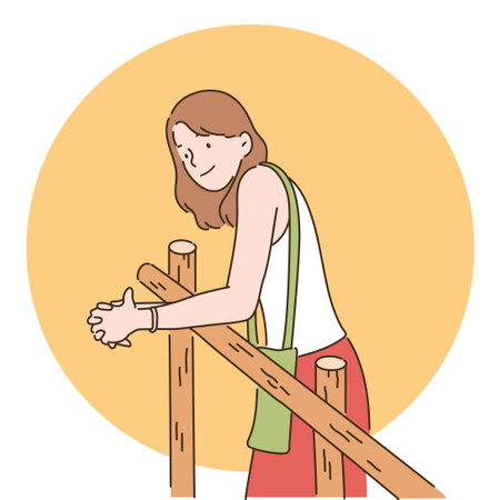 A girl is standing leaning against a fence. hand drawn style vector design illustrations.のイラスト素材