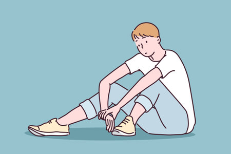 A man is sitting with a thoughtful expression. hand drawn style vector design illustrations.のイラスト素材