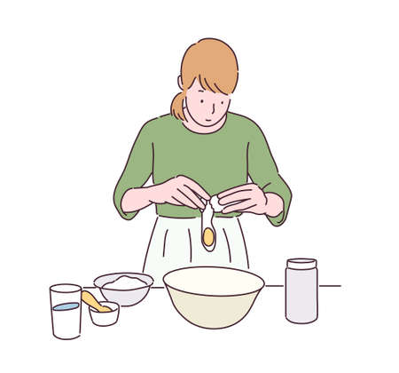 A woman is laying eggs in a bowl. hand drawn style vector design illustrations.のイラスト素材
